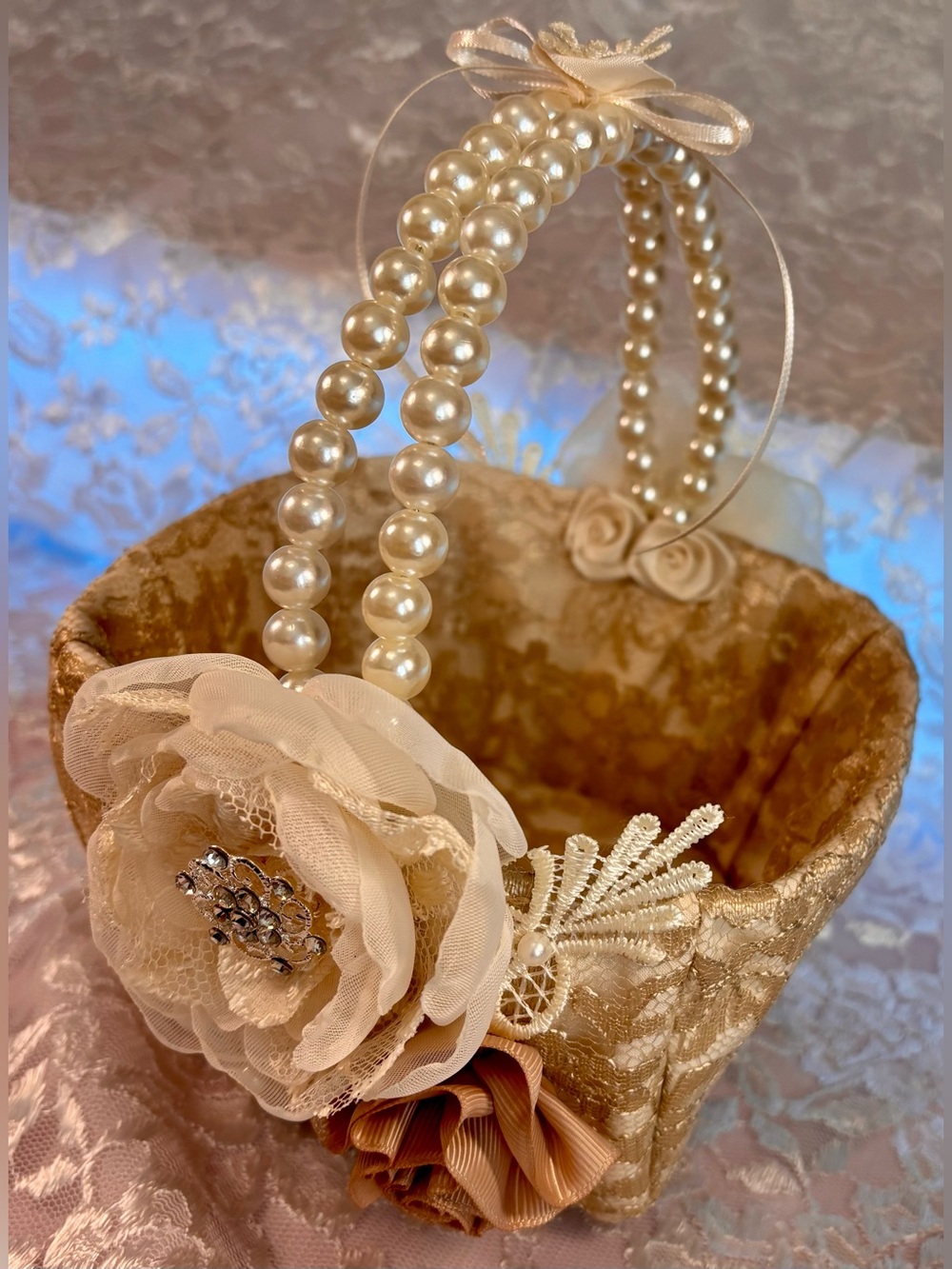 🥂 Handmade Champagne and Ivory Ring Pillow and Flower Basket Set - Picture 9 of 15